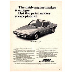 1976 Fiat X1/9 Mid Engine Car Vintage Print Ad A Lot of Car Not A Lot of Money